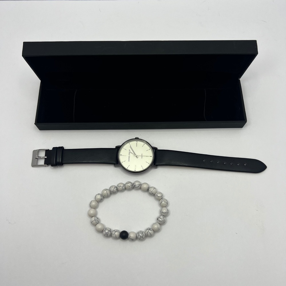 Daniel Philip Black Quartz Watch Mens Leather Band Howlite‎ Bracelet Gift Set